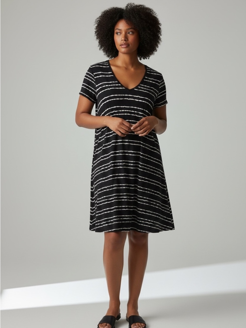 Lord & Taylor Petite Black & White Striped Midi Dress, Pockets, Stretch